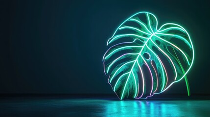 Wall Mural - Neon-lit monstera leaf against a dark background, showcasing modern design aesthetics.