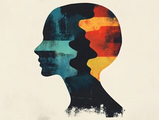 Aufkleber - Abstract representation of human profiles with vibrant colors, highlighting the complexity of emotions and thoughts in a modern artistic style