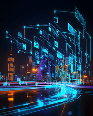 Futuristic Cityscape Data Streams Flowing Over Night Road