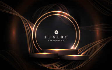 Wall Mural - Design with gold podium and abstract shiny round frame on black background.
