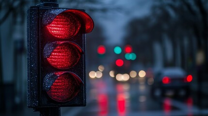 Poster - A close-up of a traffic light with rain droplets on the glass, the red light glowing against a dark, wet street, creating a dramatic and atmospheric scene.