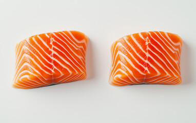 Wall Mural - Fresh raw salmon steak with vibrant orange flesh on white background, healthy seafood ingredient perfect for grilling or sashimi, clean minimal presentation.