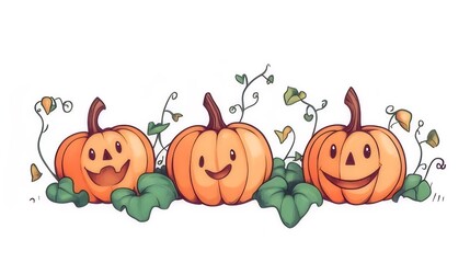 Wall Mural - Three cute cartoon pumpkins with vines and leaves.