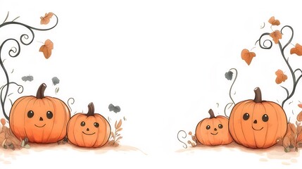 Wall Mural - Cute cartoon pumpkins with autumn leaves.