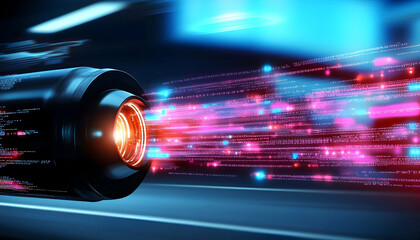 Futuristic data stream speeding on highway at night; technology, innovation, speed, future, digital