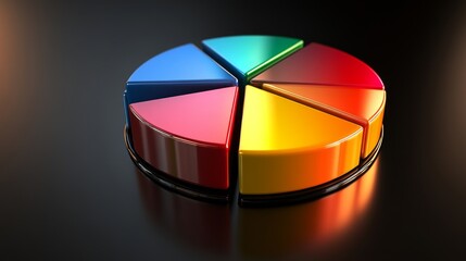 Poster - A close-up view of a D pie chart with distinct segments, showcasing data distribution in bright colors, highlighted by reflections and shadows for depth.