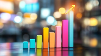Poster - A dynamic business bar graph illustrating company growth, featuring vibrant bars with upward trends, set against a blurred cityscape background for a corporate vibe.