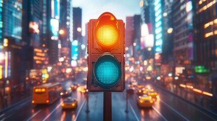 Fototapete - A flat lay of a traffic light with a lens flare effect, creating a warm and inviting atmosphere, set against a blurred city street scene in the background.