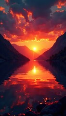 Wall Mural - Burning sunset casts long shadows across the still water , image, vibrant