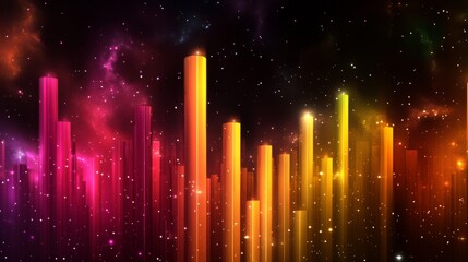 Poster - A futuristic D bar graph with digital effects, showing bars rising from a glowing grid, set against a dark starry background for a high-tech and innovative look.