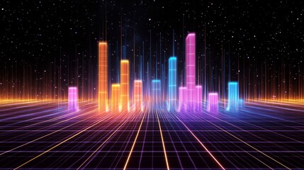 Poster - A futuristic D bar graph with digital effects, showing bars rising from a glowing grid, set against a dark starry background for a high-tech and innovative look.