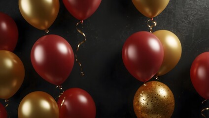 Wall Mural - A group of red and gold balloons floats against a dark background, some with metallic strings. 