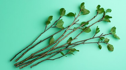 Poster - bunch of green birch twigs isolated on colourful background