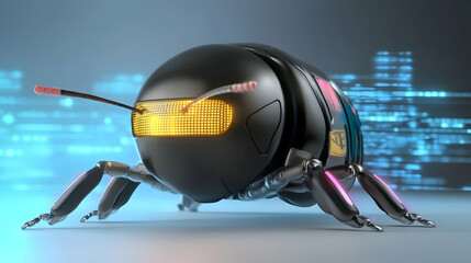 Futuristic robotic insect navigating digital landscape;  cybersecurity, AI concept