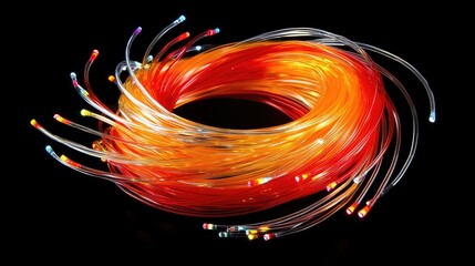Wall Mural - illuminated fiber optic cables in a swirling circular pattern on black background.