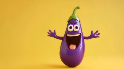 Wall Mural - Happy cartoon eggplant character with arms outstretched against yellow background.