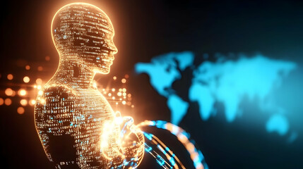 Global digital human, data network, world map background, AI concept, technology illustration