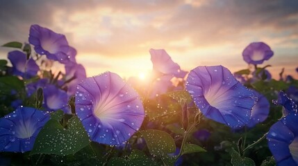 Poster - A stunning view of a field of morning glories adorned with droplets, capturing the freshness of dawn and the beauty of these climbing flowers in bloom.