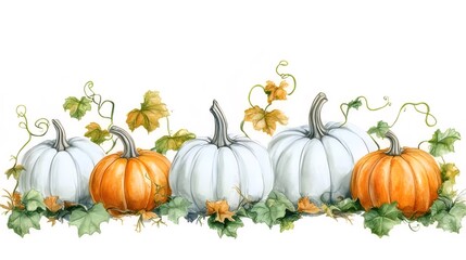 Wall Mural - Watercolor painting of orange and white pumpkins with autumn leaves and vines.