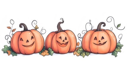 Wall Mural - Three carved smiling jack-o'-lanterns with autumn leaves.