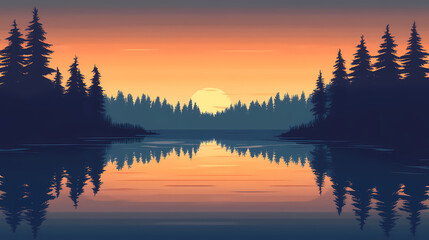 Poster - Tranquil sunset reflection, a serene scene of a vibrant sunset casting warm hues over a calm lake, framed by silhouetted trees, creating a peaceful atmosphere. Duskfall. Illustration