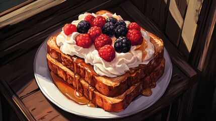 Sticker - A top-down view of a plate of honey toast stacked high, generously topped with whipped cream, fresh berries, and a drizzle of honey, set against a dark wooden background.