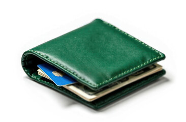 Close-up of Wallet green color genuine leather texture with banknotes and credit card inside isolated on white background, Male purse