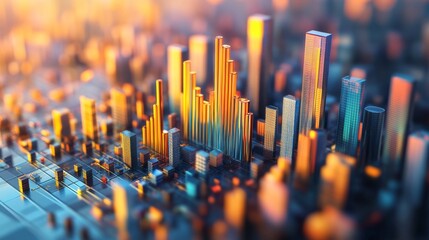 Leinwandbilder - A top-down view of a vibrant D bar graph with floating bars arranged in a wave pattern, creating a visually dynamic effect against a soft-focus city skyline.