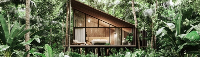 Wall Mural - Serene Modern Cabin Retreat Surrounded by Lush Tropical Forests and Nature's Beauty.