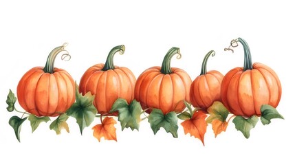 Wall Mural - Four orange pumpkins with green leaves and vines.