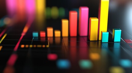 Poster - A vibrant D bar graph with colorful bars rising at various heights, displayed on a sleek dark background, showcasing data visualization in a modern business context.