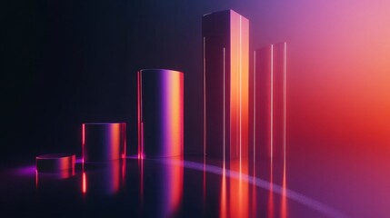 Poster - A visually striking D bar graph with reflective surfaces, showcasing various data sets in different heights, placed on a gradient background for a professional presentation.