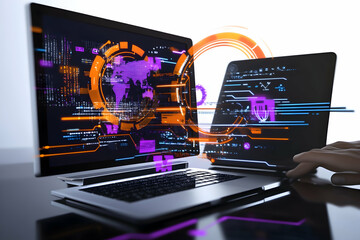 Global network security data analysis on laptop, tablet, and phone; futuristic digital interface.  Use Technology website or presentation