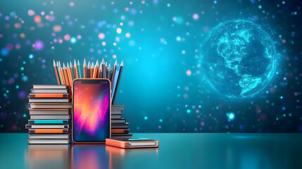 Global online education  Books, phone, and pencils on a desk, with a glowing Earth in the background.  Ideal for educational websites and marketing materials