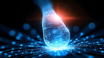 Glowing digital data orb descends, network connection, abstract background; tech concept