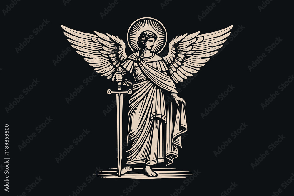 Vintage black and white engraving of Archangel Michael with a sword ...