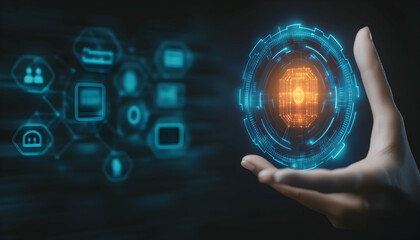 Hand holding digital sphere, showing network data, dark background, for tech website or presentation