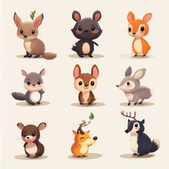 Wall Mural - Adorable Cartoon Forest Animals Collection Illustration