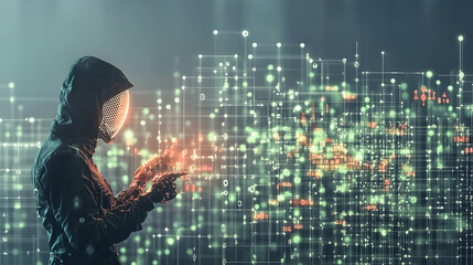 Hooded figure interacts with digital data network, futuristic background; cybersecurity, technology concept