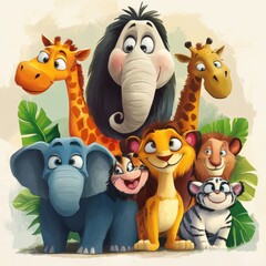 Wall Mural - Adorable Cartoon Animals Grouped Together In A Jungle Setting