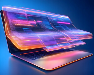 Modern laptop displaying flowing code; fast web development; digital transformation; blue background; for tech websites