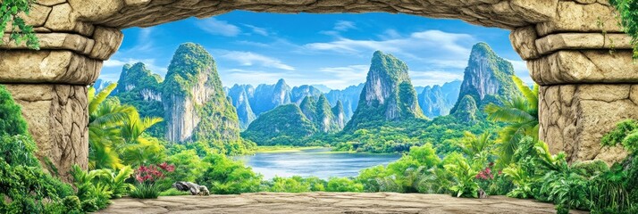 Wall Mural - Limestone Mountains Framing a Serene Lake in a Lush Green Valley Landscape