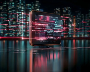 Night city data stream; digital tablet display; futuristic technology; website coding; background cityscape; tech illustration