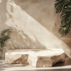 Wall Mural - Elegant Stone Platform with Tropical Leaves and Sunlight Shadows: Minimalist Product Display Background