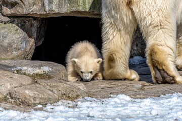 Wall Mural - A polar bear cub curiously exploring its icy surroundings, mother watching from a distance