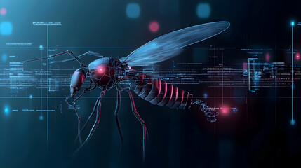 Robotic Mosquito, digital code background, futuristic technology, cybersecurity concept, website banner