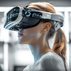 Poster - Woman in Virtual Reality Headset, VR Technology User, Immersive VR Gaming.