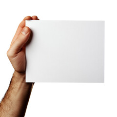 Leinwandbilder - A close up image of a hairy male hand holding a blank white card against a black background.