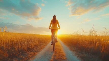 Poster - Woman cycling at sunset on rural road.