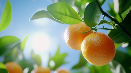 Wall Mural - Ripe Oranges Growing on Branch - Juicy oranges, sunlight, freshness, vibrant, healthy.  Symbolizing abundance, vitality, health, sweetness, and nature.